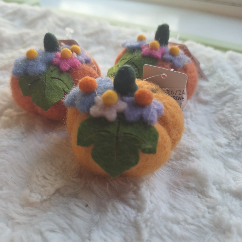 180° Handcrafted Felt Pumpkins with Floral Accents 2 Dark Orange 1 Light Orange